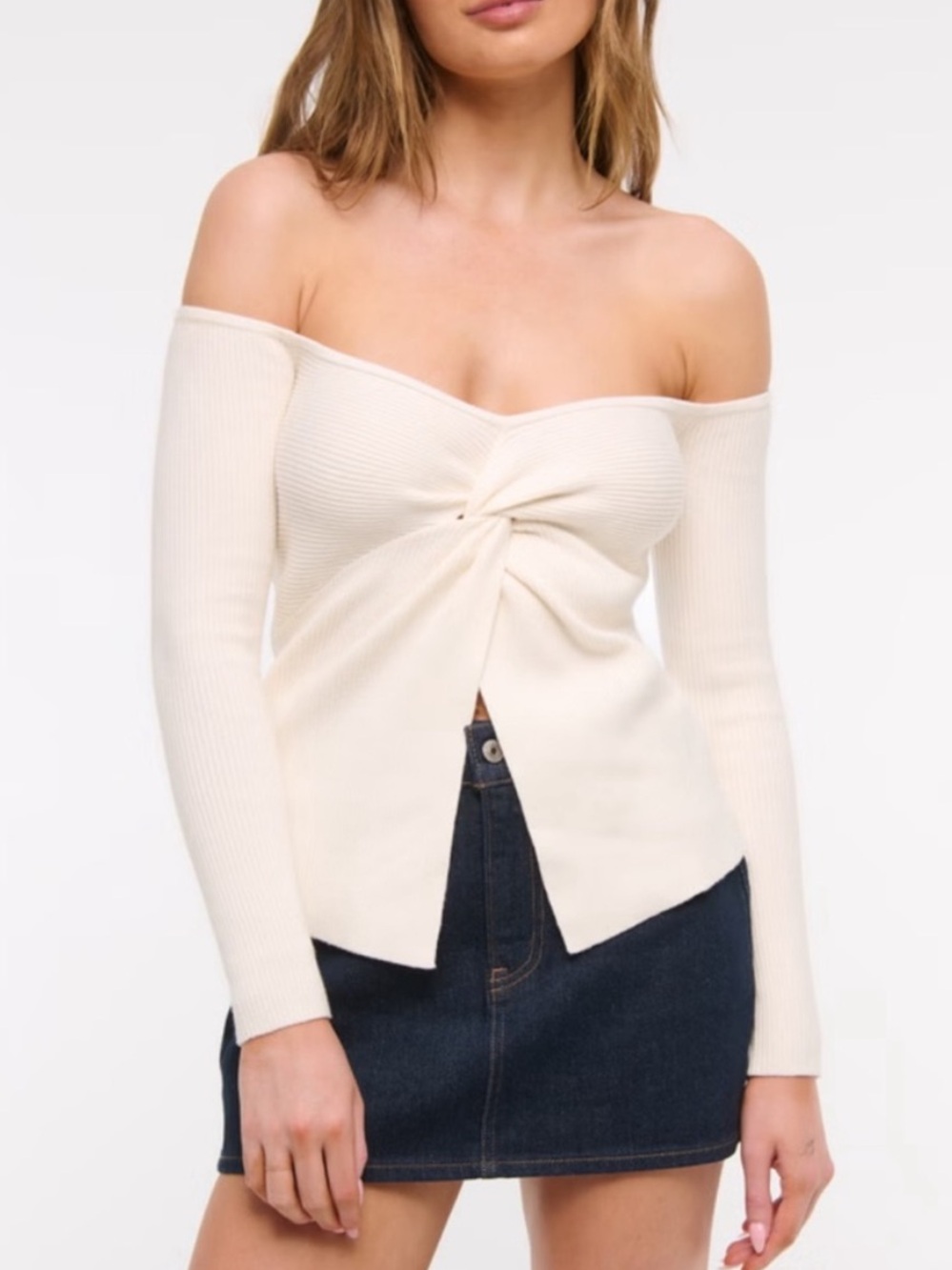 Abercrombie & Fitch Cream Off-the-Shoulder Twist Knit Sweater
